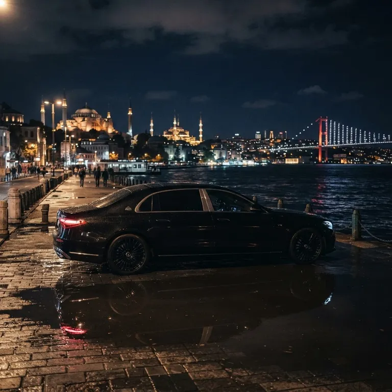 Black Mercedes-Maybach parked at night by the Bosphorus in Istanbul